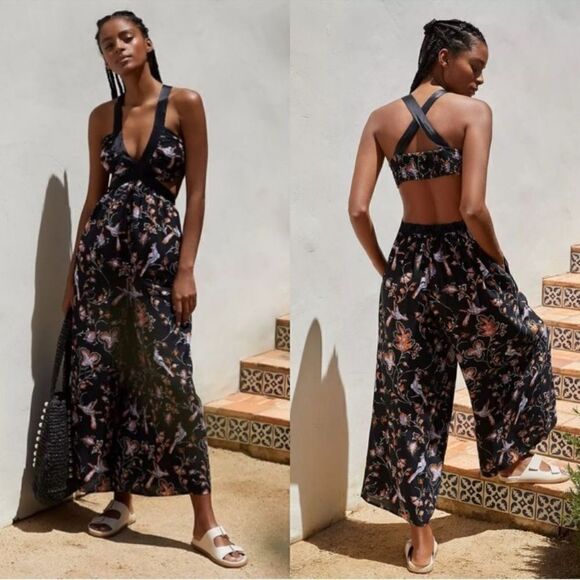 Anthropologie The Brinley V-Neck Floral Black Jumpsuit NEW Size Small - Picture 1 of 7